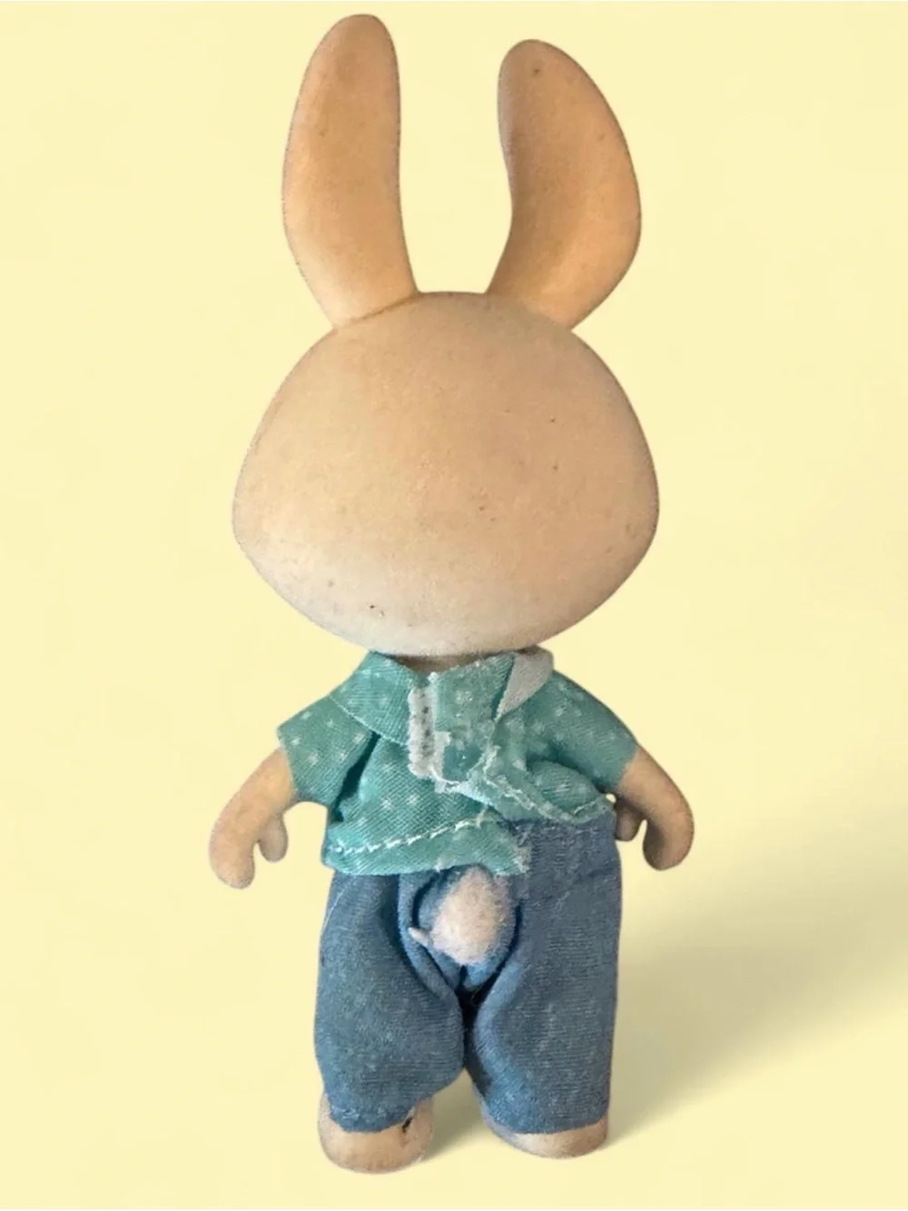 Small Plush Bunny Pet Figure in Cream with Blue Outfit